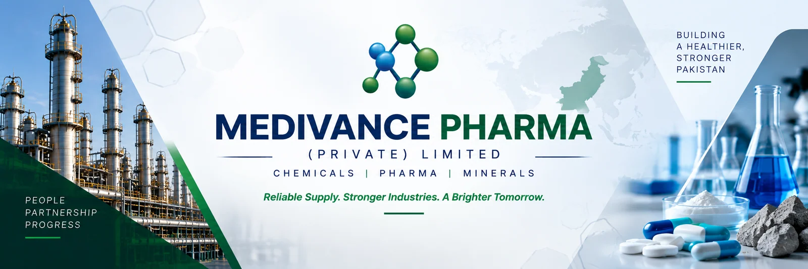 Medivance Pharma company artwork presenting chemicals, pharma and minerals