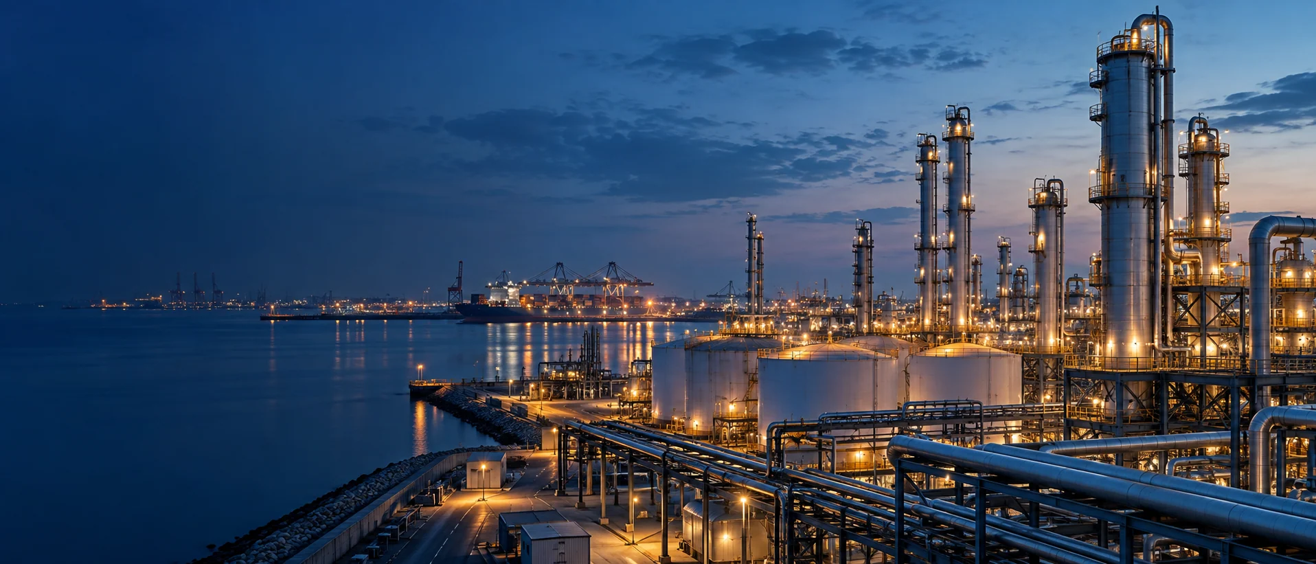 Representative industrial processing and storage landscape at blue hour